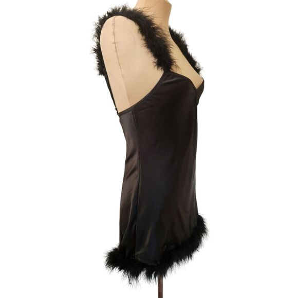 DOLLS KILL🔖NWT! TRICKZ N' TREATZ Black Satin Marabou Trimmed Slip Dress - Picture 5 of 11
